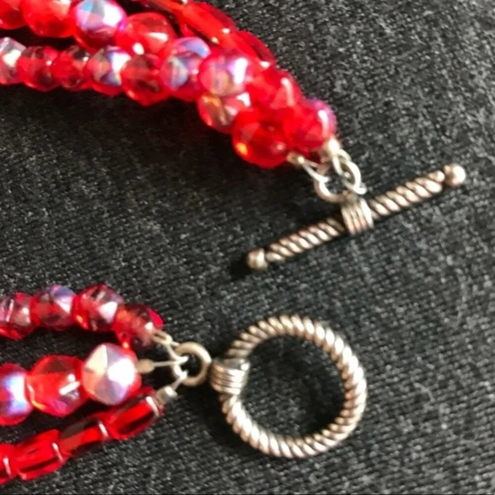 Vintage Handmade Triple Strand Red Aurora Borealis Czech Glass Sterling Clasp